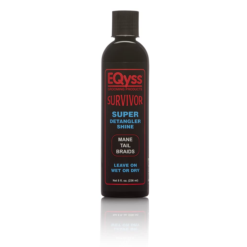 Front view of an 8 oz bottle of EQyss Survivor Equine Detangler on a white background