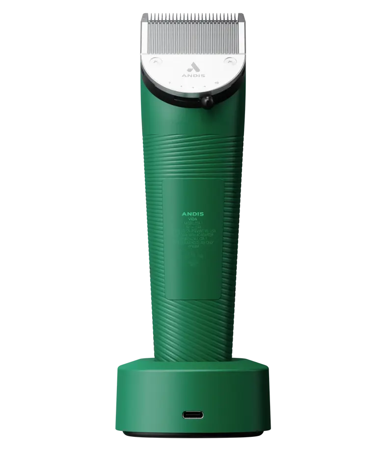 Back view of the green Andis Vida Cordless Clipper on a white background