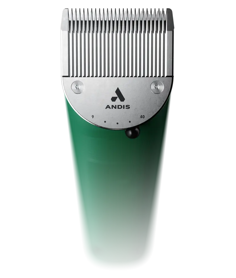Close-up top view of the green Andis Vida Cordless Clipper on a white background
