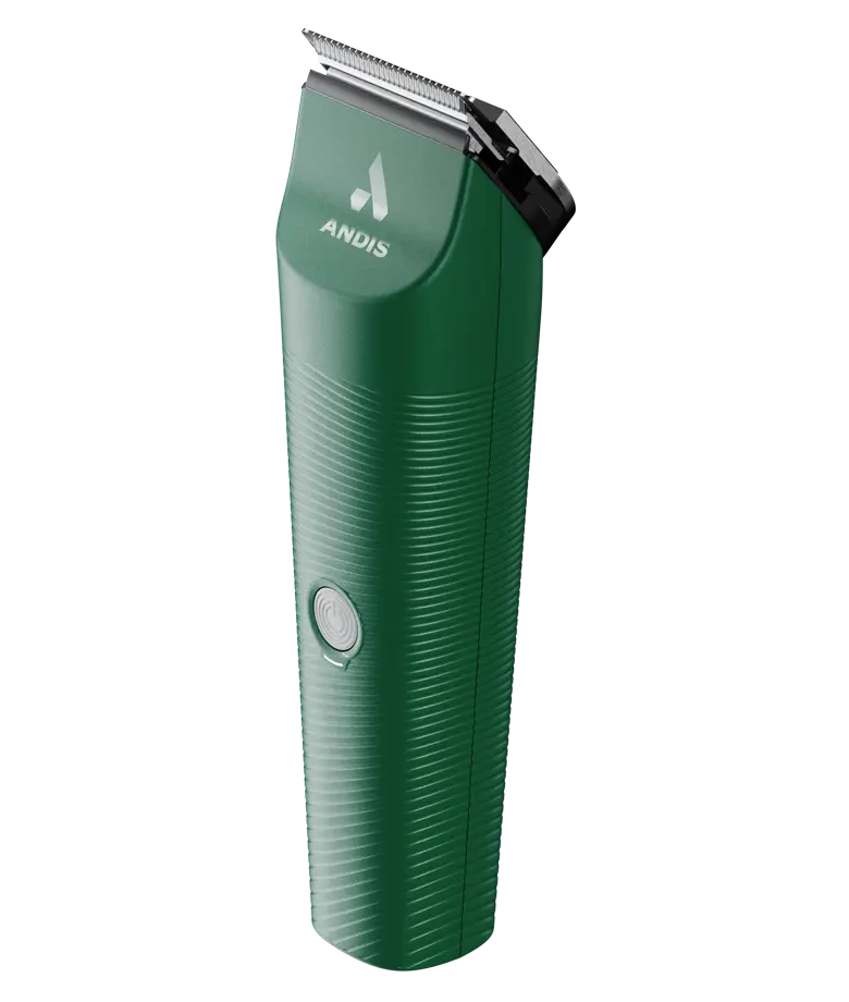 Angled front view of the green Andis Vida Cordless Clipper on a white background