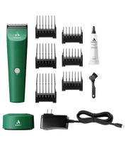 Front view of the green Andis Vida Cordless Clipper and all the included accessories on a white background