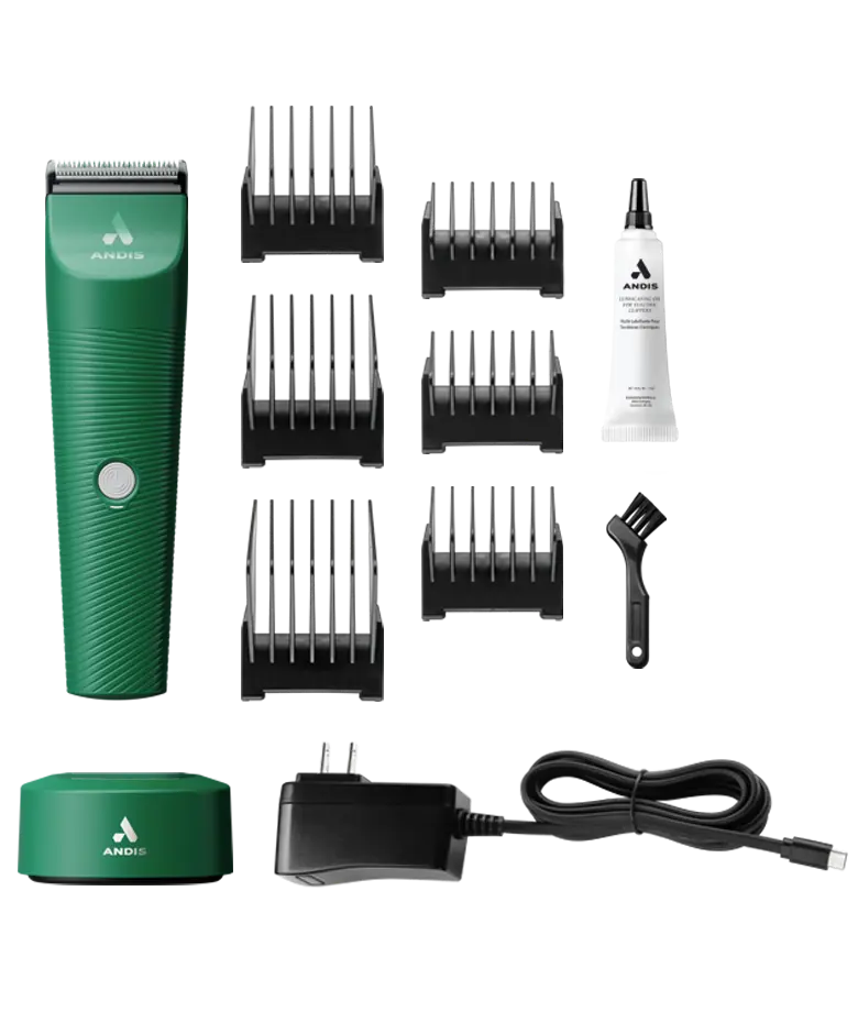Front view of the green Andis Vida Cordless Clipper and all the included accessories on a white background