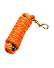 View of the rolled up neon orange Jacks Poly Lead Rope with Bolt Snap on a white background
