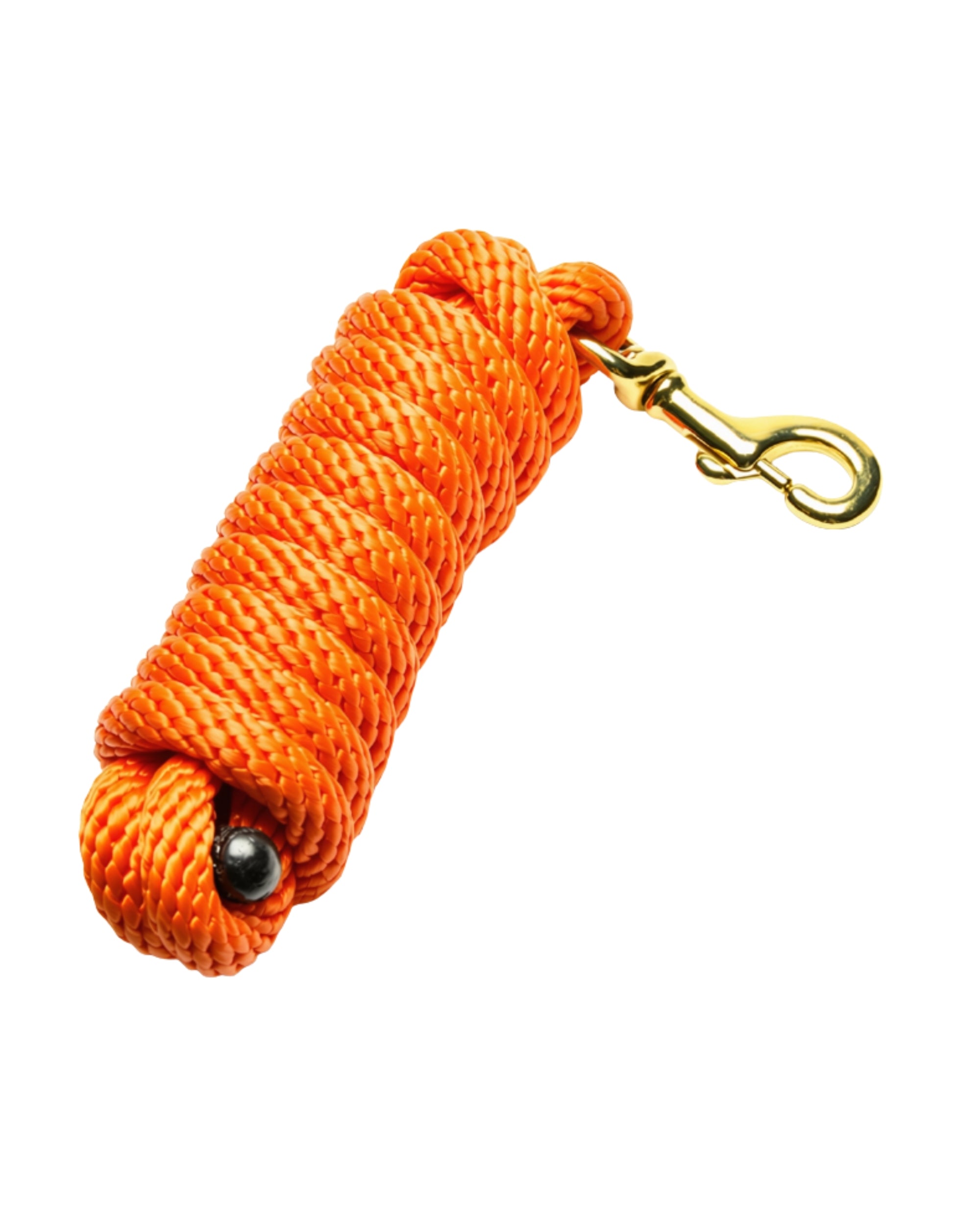 View of the rolled up neon orange Jacks Poly Lead Rope with Bolt Snap on a white background