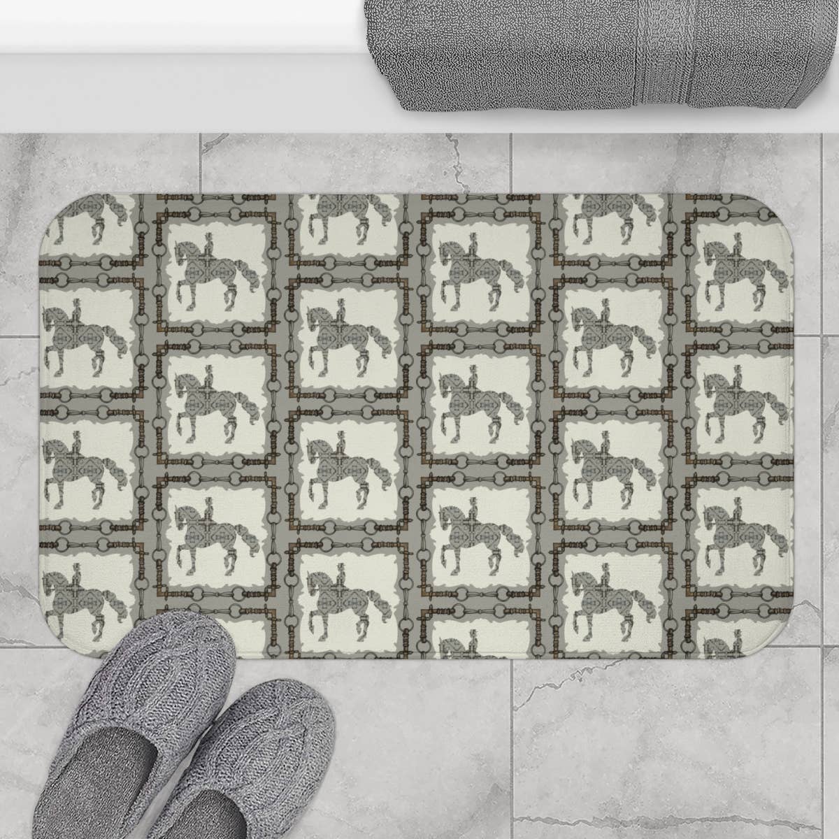 View of the All Designs Equine Dressage Horse Memory Foam Bath Mat on a tile floor
