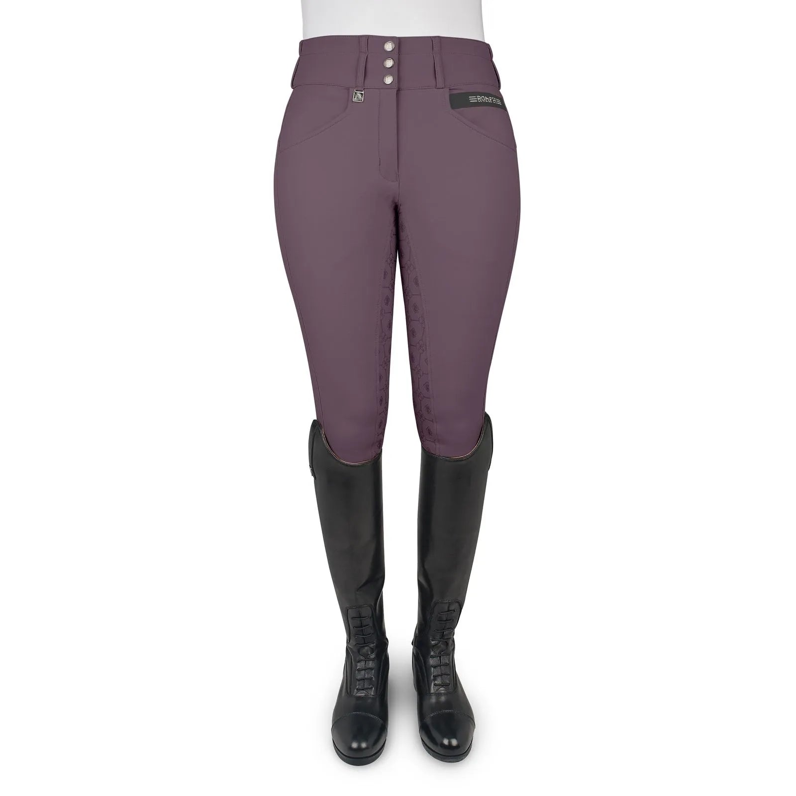 Front view of a model wearing the purple Romfh Isabella Silicone Full Seat Breech on a white background