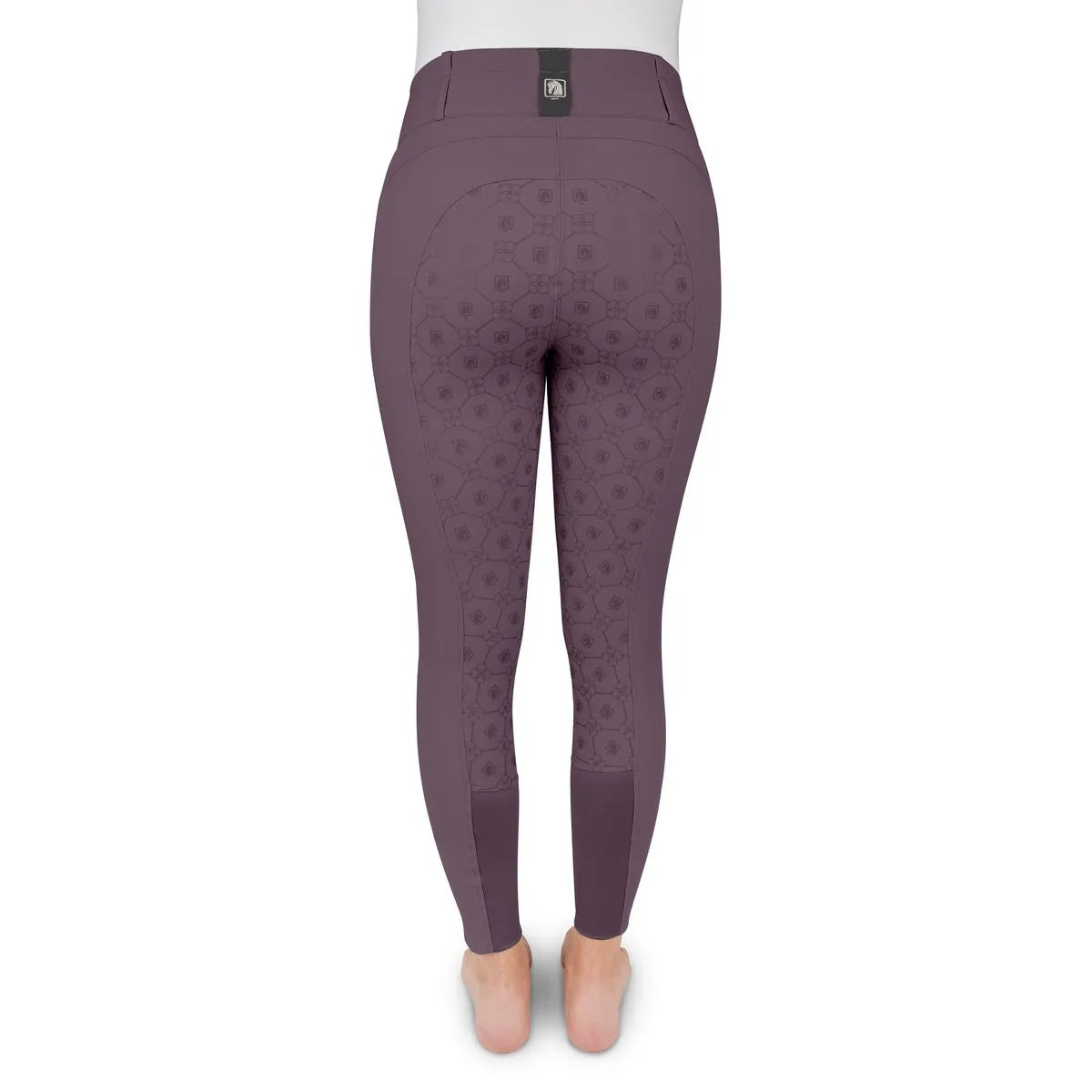 Back view of a model wearing the purple Romfh Isabella Silicone Full Seat Breech on a white background