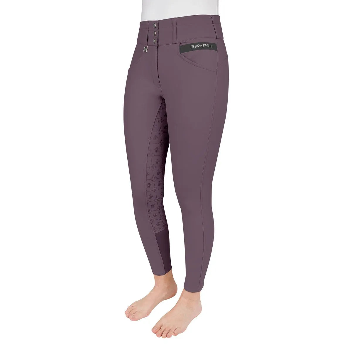 Angled front view of a model wearing the purple Romfh Isabella Silicone Full Seat Breech on a white background