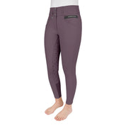 Angled front view of a model wearing the purple Romfh Isabella Silicone Full Seat Breech on a white background