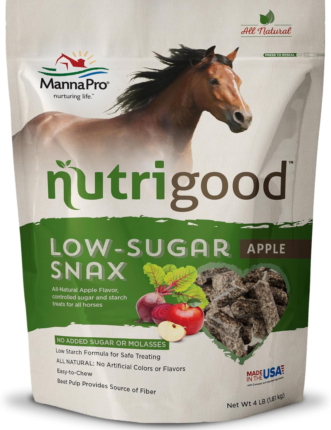 Front view of a 4 lb bag of Nutrigood Low Sugar Snax in the flavor Apple on a white background