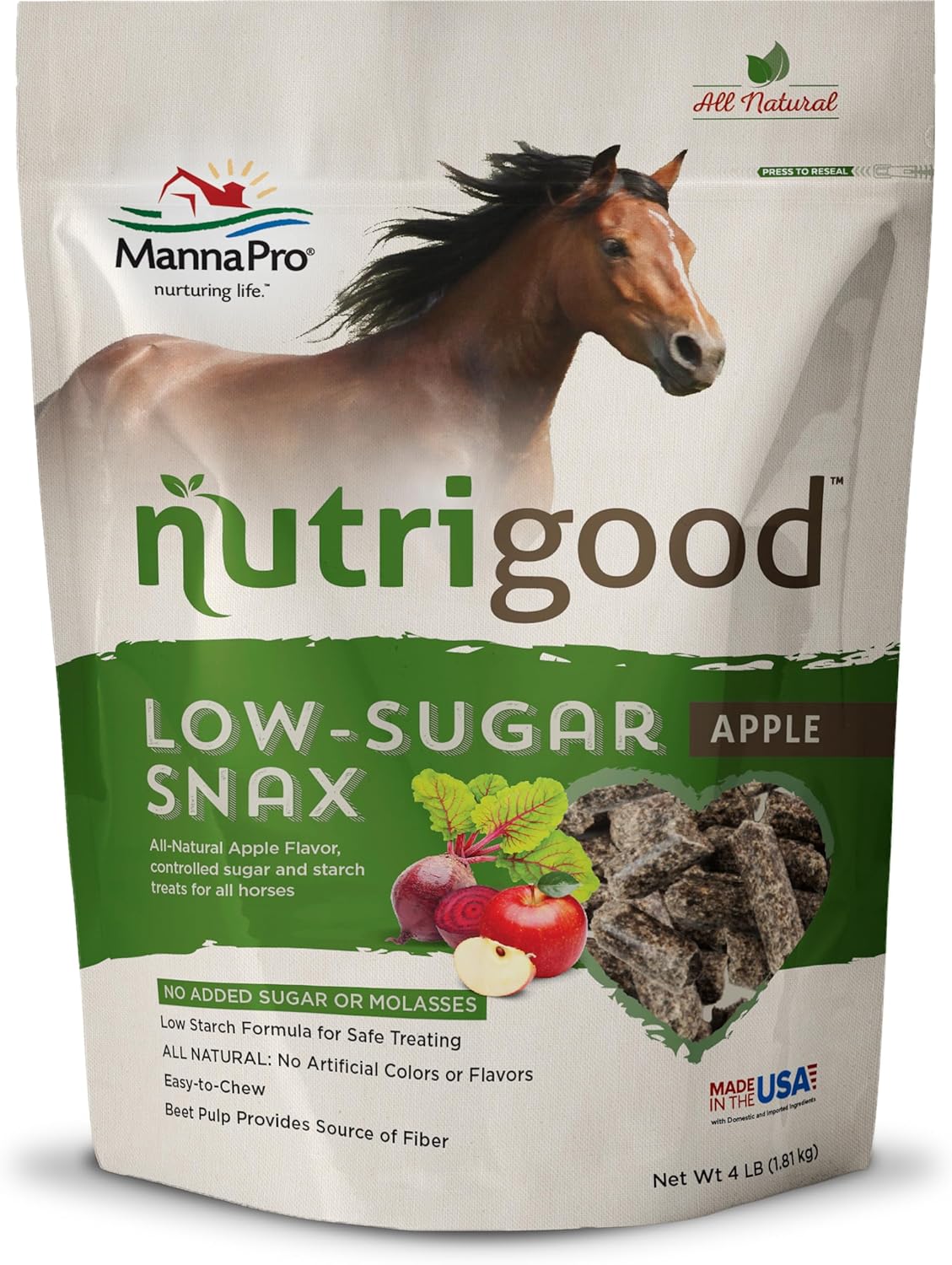 Front view of a 4 lb bag of Nutrigood Low Sugar Snax in the flavor Apple on a white background