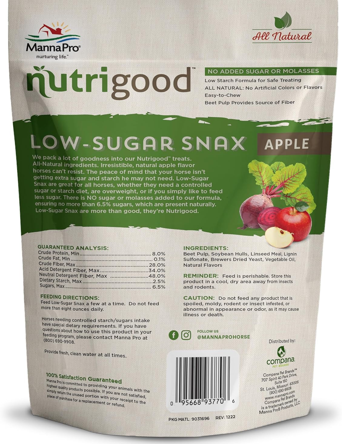 Back view of a 4 lb bag of Nutrigood Low Sugar Snax in the flavor Apple on a white background