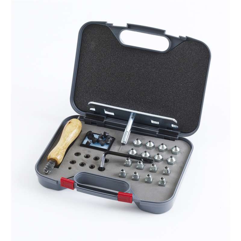 View of the Equi-Essentials Stud Kit with Plastic Case on a white background