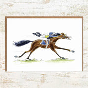 View of the The Apprentice Pony Nut Greeting Card on a white washed wood background