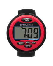 Front view of the red Nunn Finer Optimum Cross Country Time Watch on a plain background