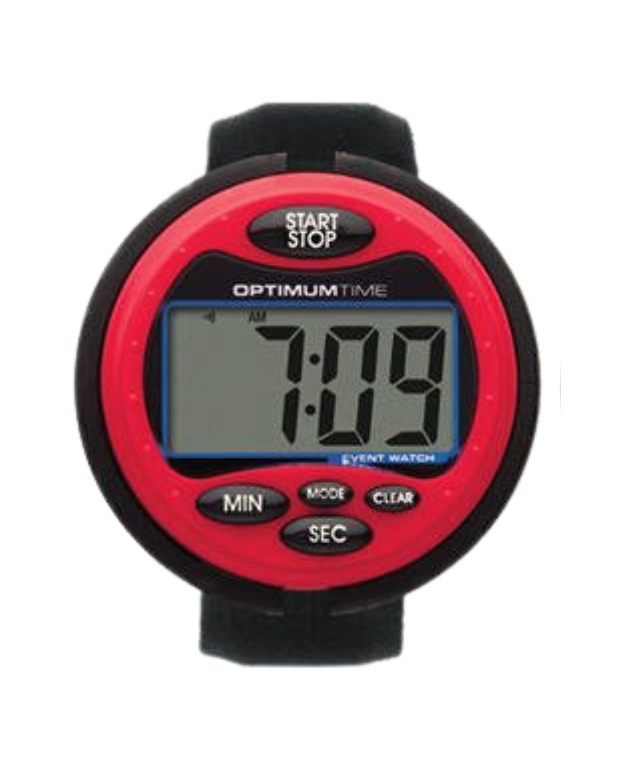 Front view of the red Nunn Finer Optimum Cross Country Time Watch on a plain background