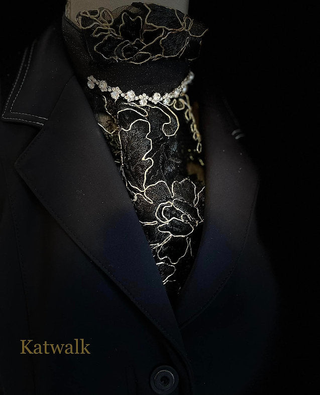 Front view of the Royal Iron Equestrian Katwalk Stock Tie under a black show coat on a mannequin