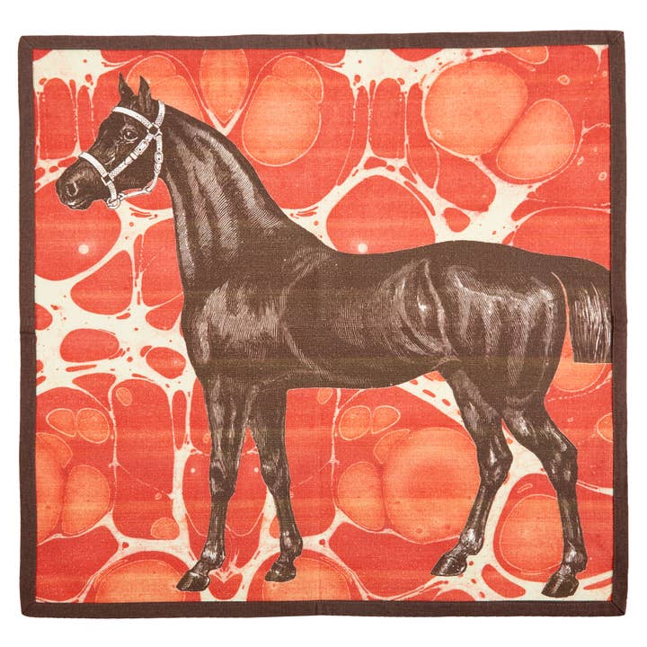View of the red napkin from the set of 4 ThomasPaul Equus Marble Cotton Dinner Napkins