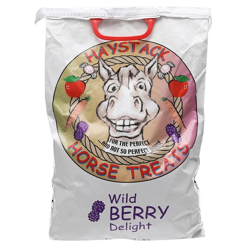 Front view of a 20 lb bag of Haystack Wildberry Horse Treats on a white background