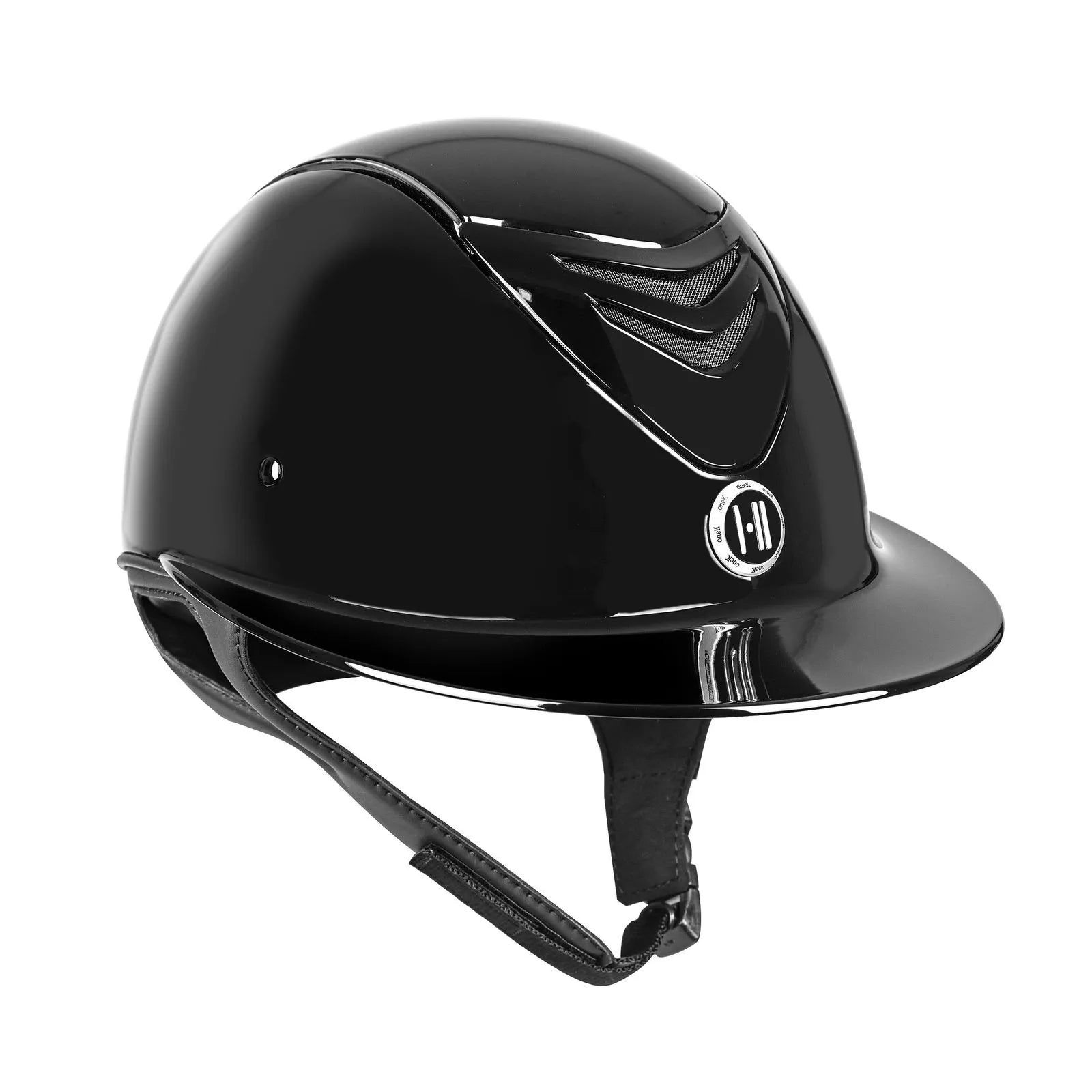 Angled front view of the black gloss One K Avance MIPS CCS Glossy Helmet on a white background