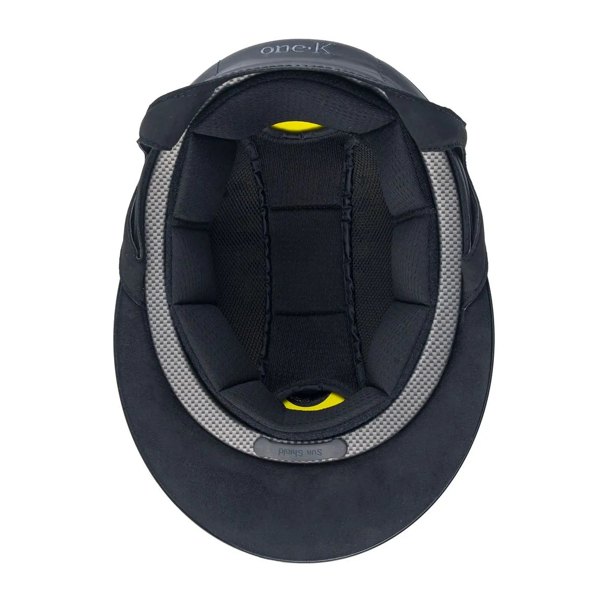 Interior view of the black gloss One K Avance MIPS CCS Glossy Helmet on a white background