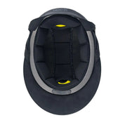 Interior view of the black gloss One K Avance MIPS CCS Glossy Helmet on a white background