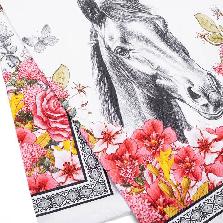Close-up view of the floral Rocky Blue Stallion Farm Rocky Tea Towel