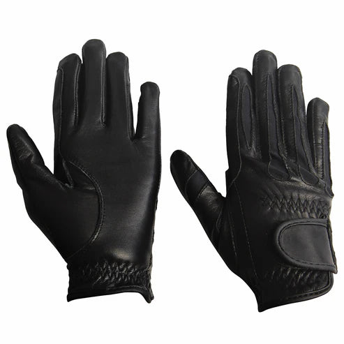 Front and back views of the TuffRider Children's Stretch Leather Riding Gloves