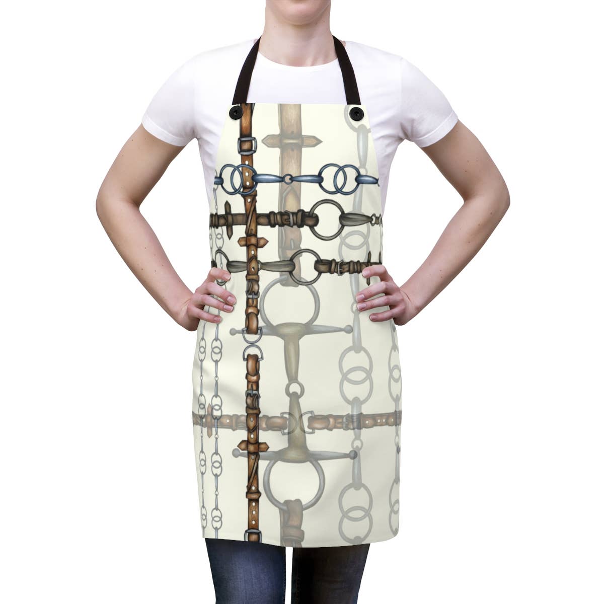 Front view of a model wearing the All Designs Equine Bit Pattern Horse Show Cover Apron on a white background