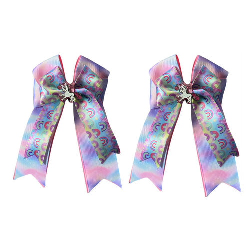 View of the Rainbow Dash Belle & Bow Kids Hair Bows on a white background