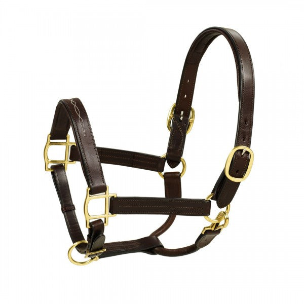 Side view of the brown HK Americana Fancy Stitched Self-Padded Leather Halter on a white background