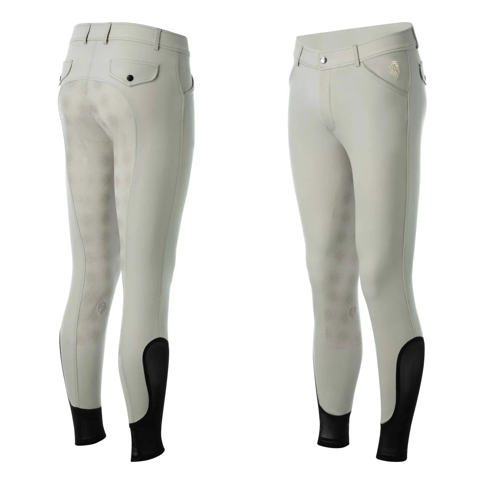 Side by side front and back views of the tan Equinavia Karl Men's Knee Patch Breeches on a white background