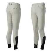 Side by side front and back views of the tan Equinavia Karl Men's Knee Patch Breeches on a white background