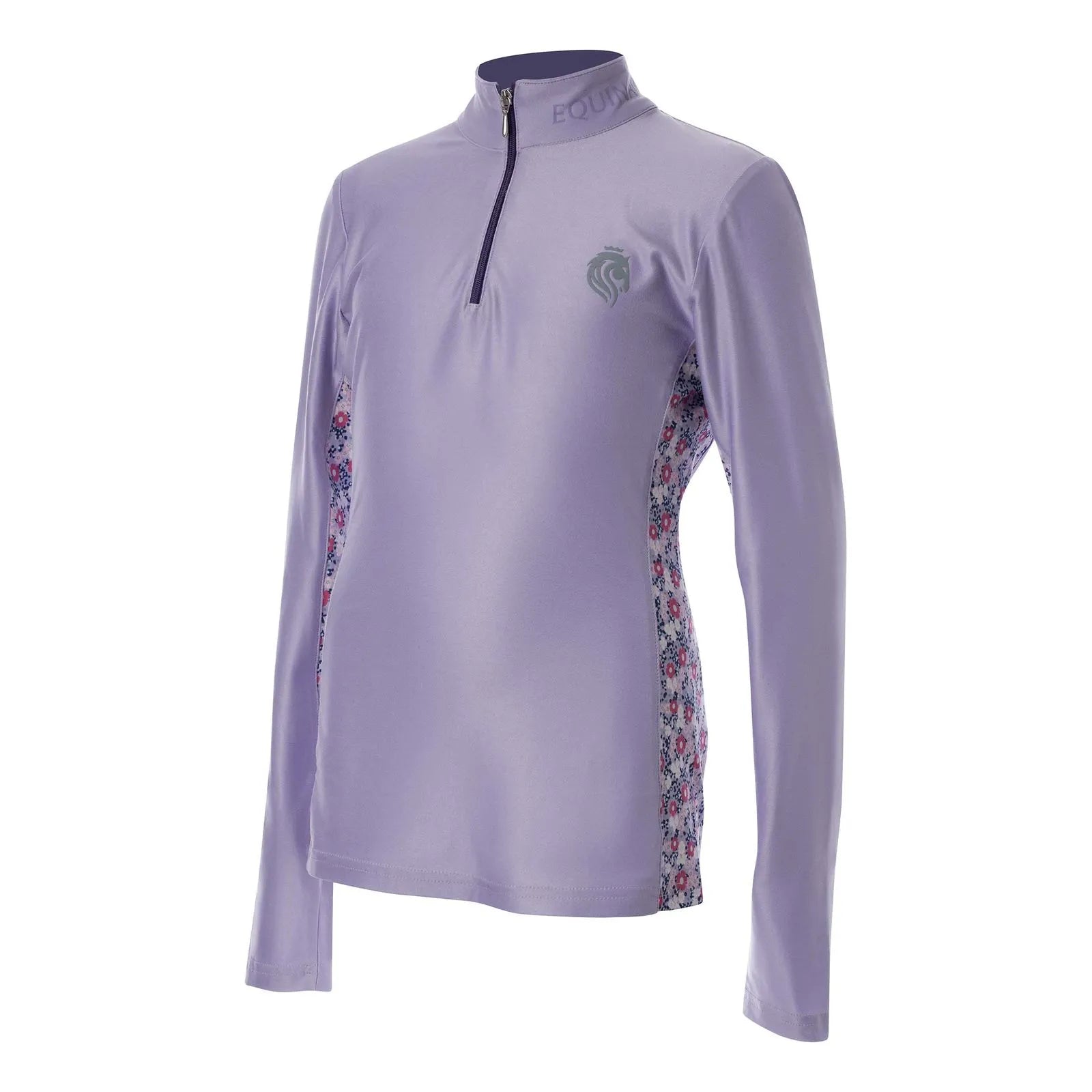 Angled front view of the purple Equinavia Lena Kids Long Sleeve Quarter Zip on a white background