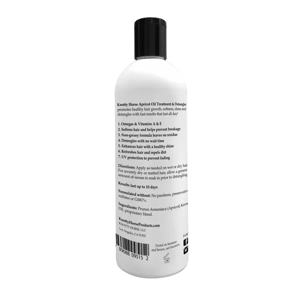 Back view of a 12 oz bottle of Knotty Horse Apricot Oil Detangling Treatment on a white background