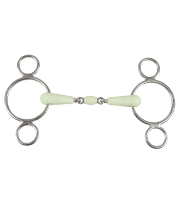 Apple-flavored double-jointed elevator bit with light green peanut mouthpiece and stainless steel multi-ring cheeks