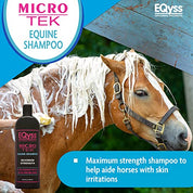 Horse being washed with shampoo while a bottle of equine shampoo is shown beside it