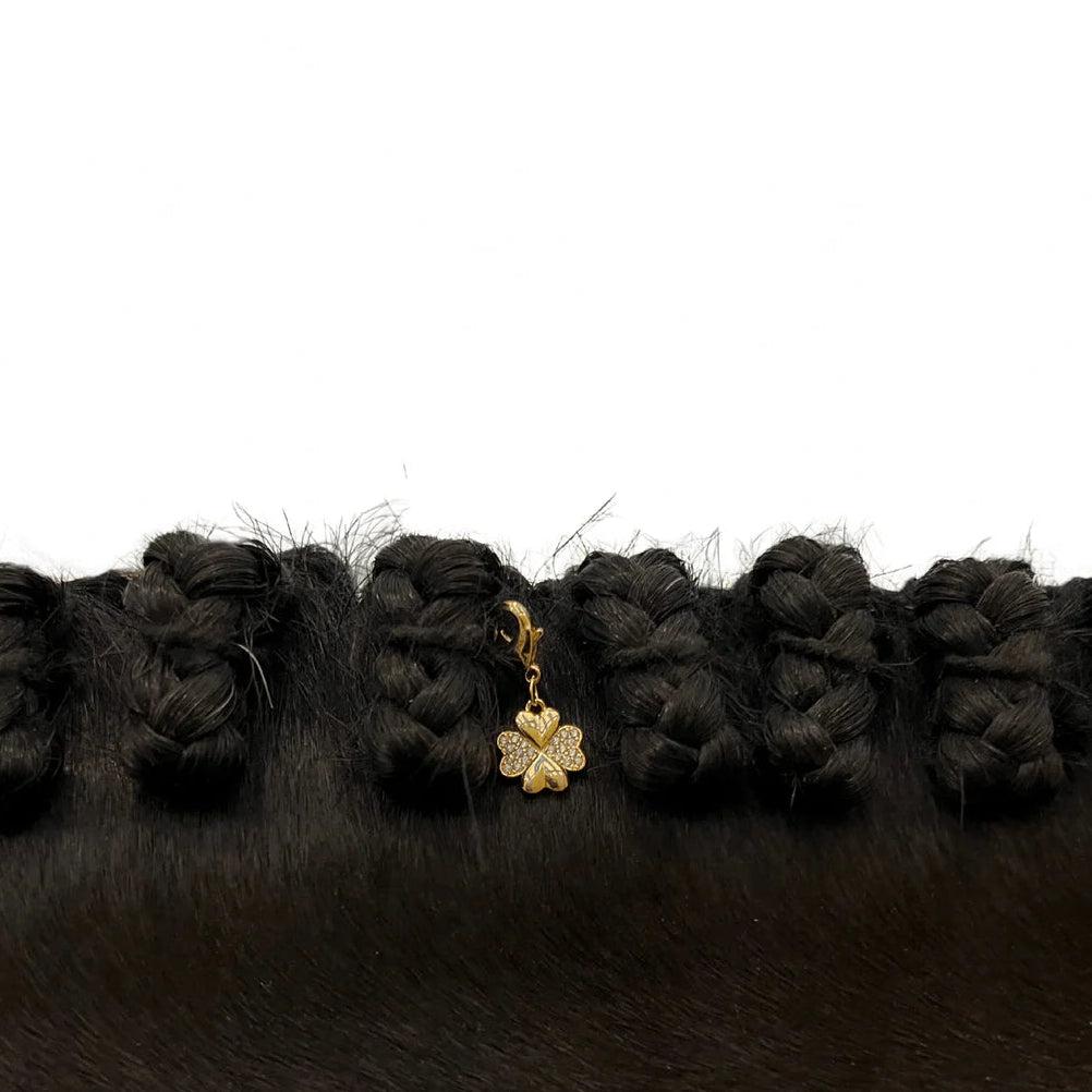 Close-up of a gold clover Dubois Cheval Braid Charm in a black horse's braided mane on a white background