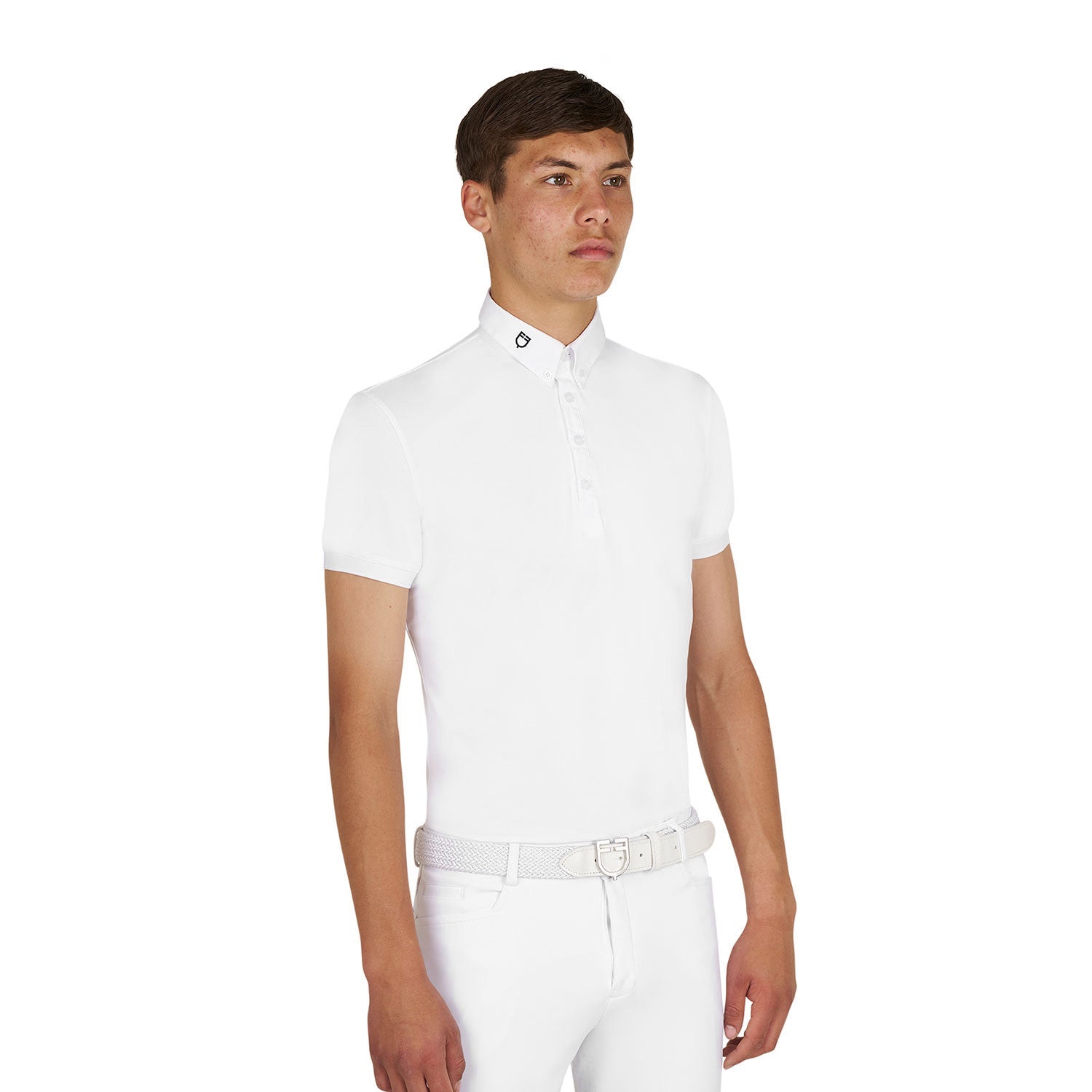 Front view of model wearing the Equestro Men's Competition Polo Shirt In Breathable Technical Fabric in white on white background