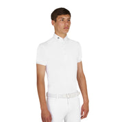 Front view of model wearing the Equestro Men's Competition Polo Shirt In Breathable Technical Fabric in white on white background
