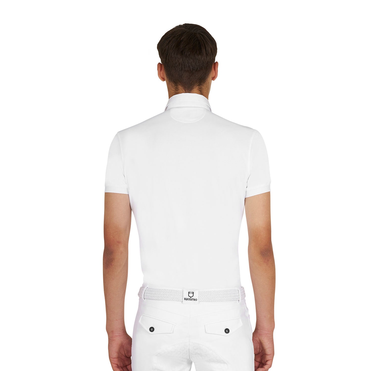 Back view of model wearing the Equestro Men's Competition Polo Shirt In Breathable Technical Fabric in white on white background