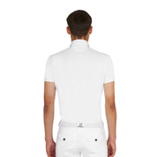 Back view of model wearing the Equestro Men's Competition Polo Shirt In Breathable Technical Fabric in white on white background