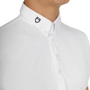 Close up front view of the collar (with black logo) of the Equestro Men's Competition Polo Shirt In Breathable Technical Fabric in white on white background