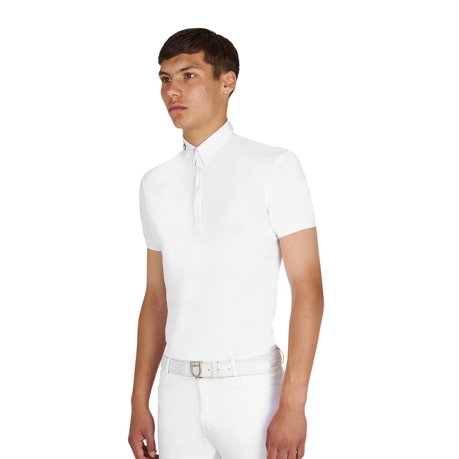 Angled front view of model wearing the Equestro Men's Competition Polo Shirt In Breathable Technical Fabric in white on white background