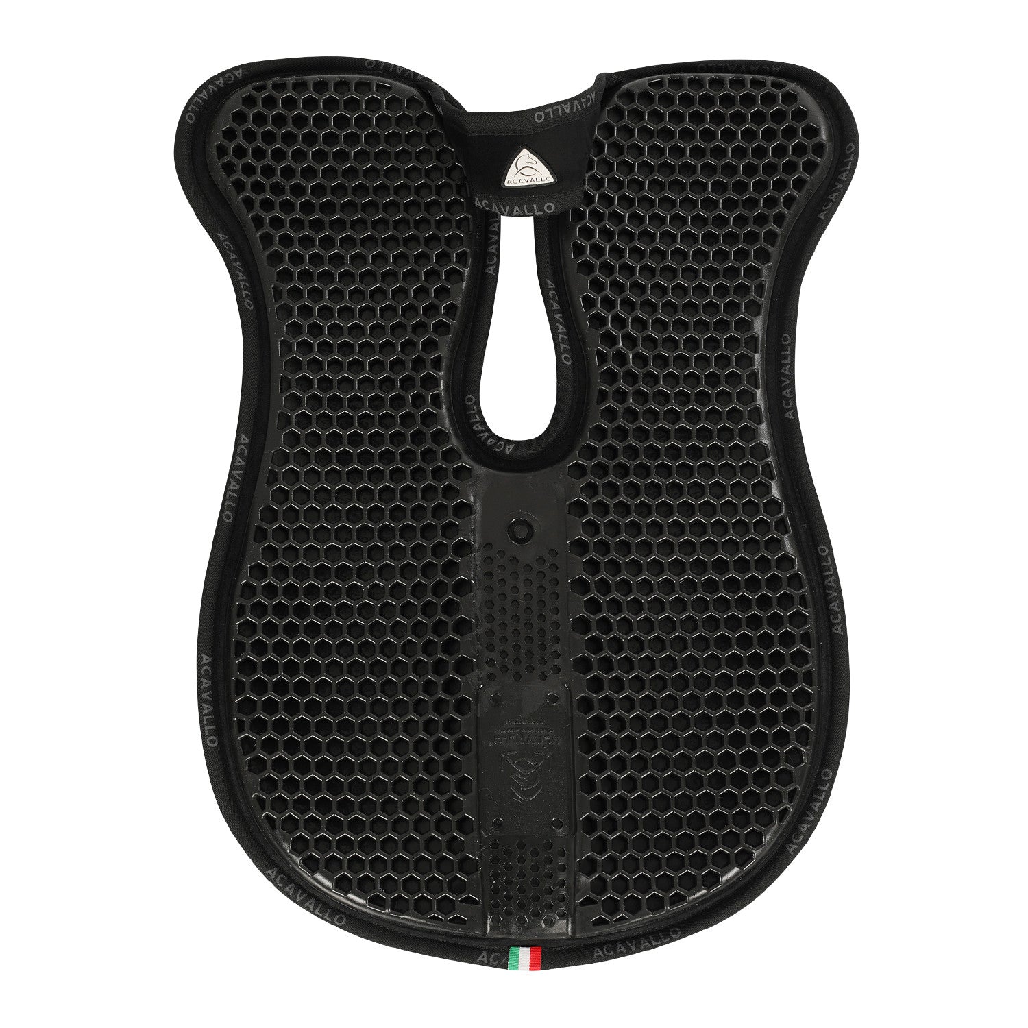 Underside view of the Acavallo Withers Free Gel Hex Pad in black on a white background