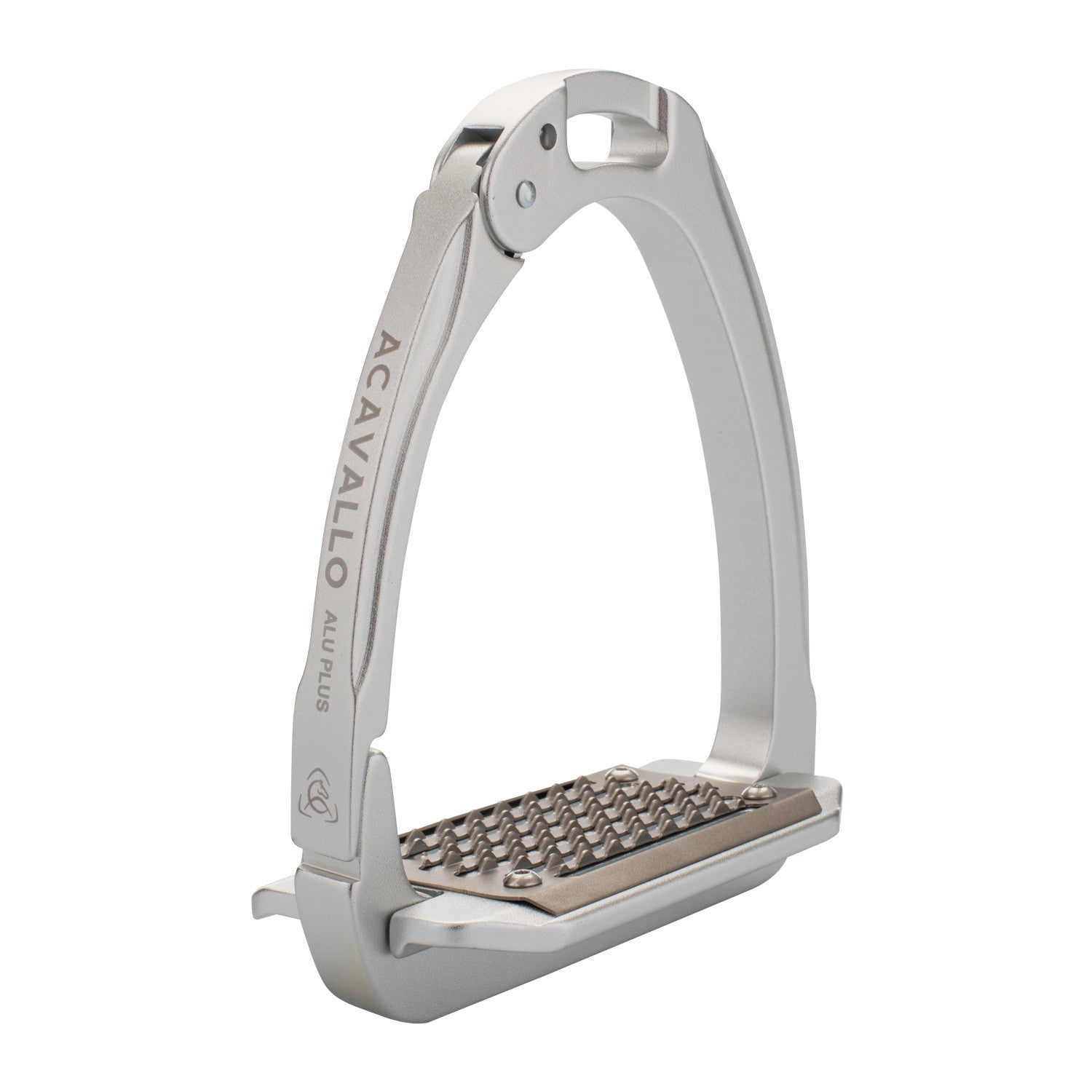 Angled view of the aluminum Acavallo Arena AluPlus 2.0 Stirrup on a white background