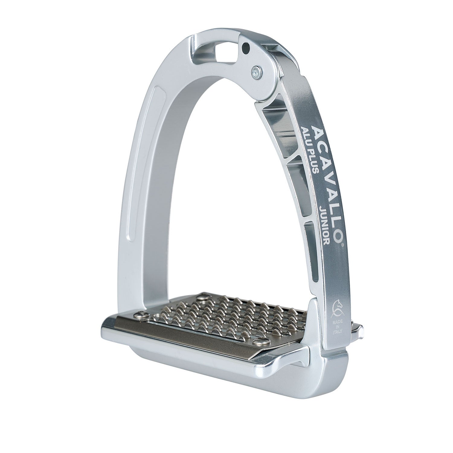 Angled view of the aluminum Acavallo Arena AluPlus Junior Stirrup on a white background