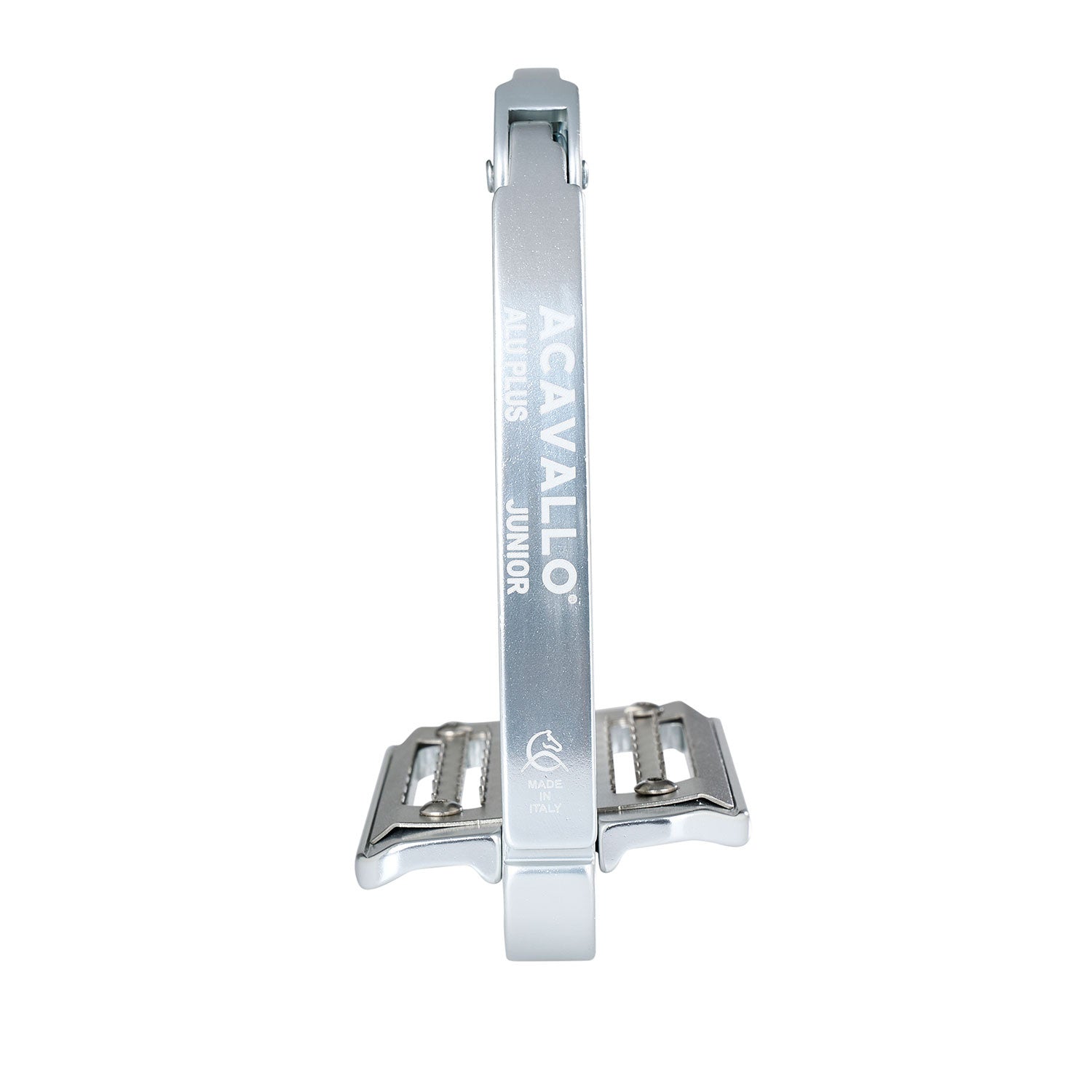 Side view of the aluminum Acavallo Arena AluPlus Junior Stirrup on a white background