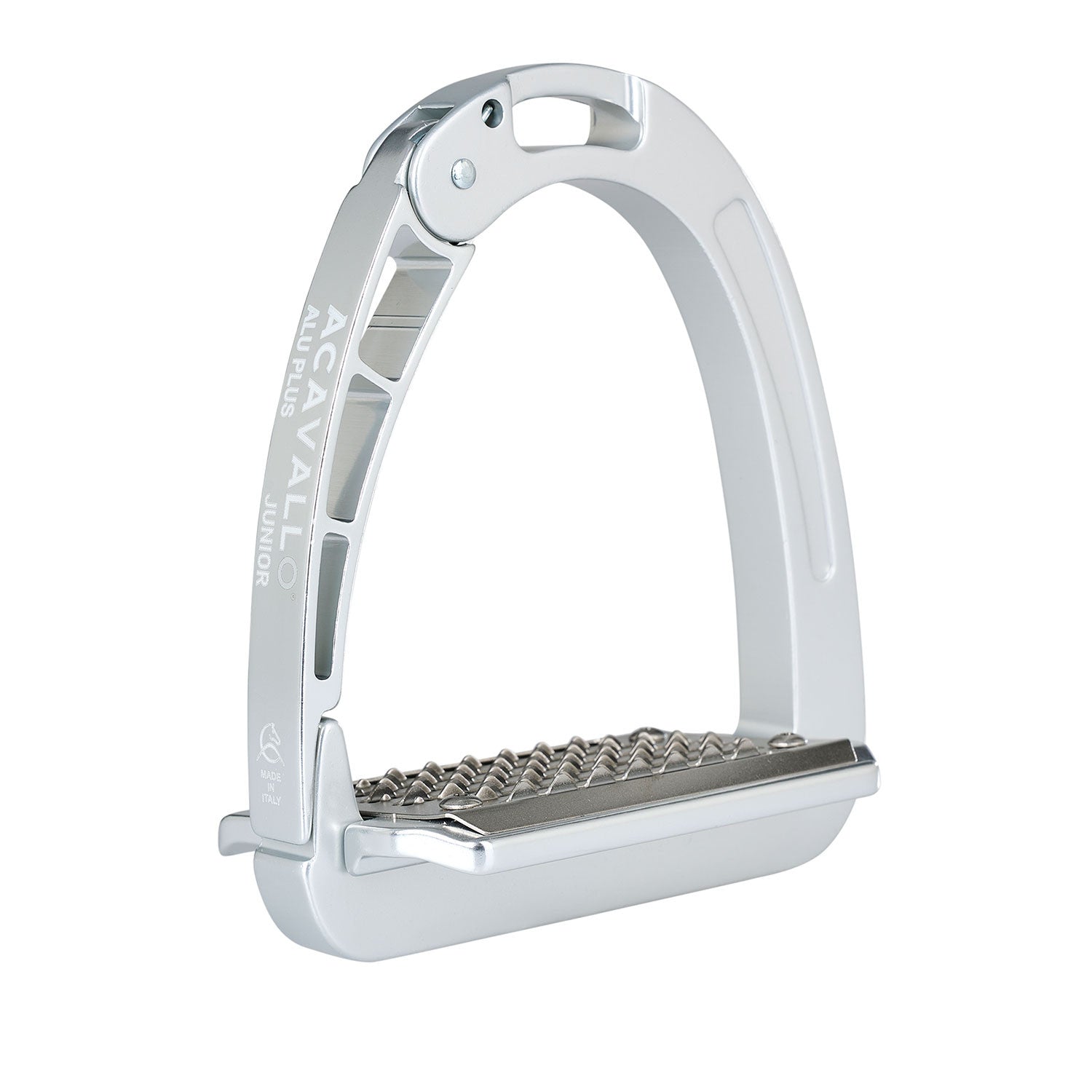 Angled view of the aluminum Acavallo Arena AluPlus Junior Stirrup on a white background