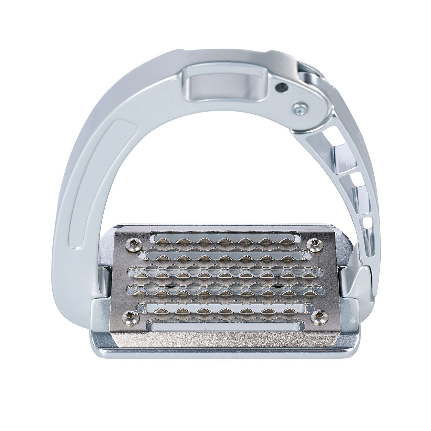 Top view of the aluminum Acavallo Arena AluPlus Junior Stirrup on a white background